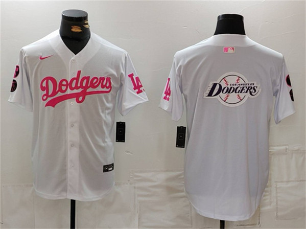 Los Angeles Dodgers Team Big Logo White Pink Vin Kobe Patch Stitched Jersey - Click Image to Close